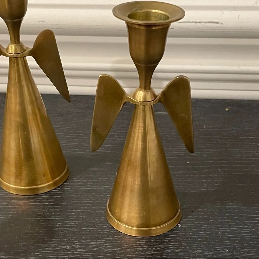 Set Of 3 Mid Century Brass Angel Wing Candle Holder Christmas MCM Taper